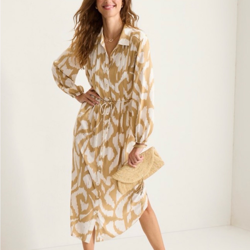 Tommy Bahama Inlet Ikat Midi Shirt Dress Tan and White Long Sleeve Dress NWT
